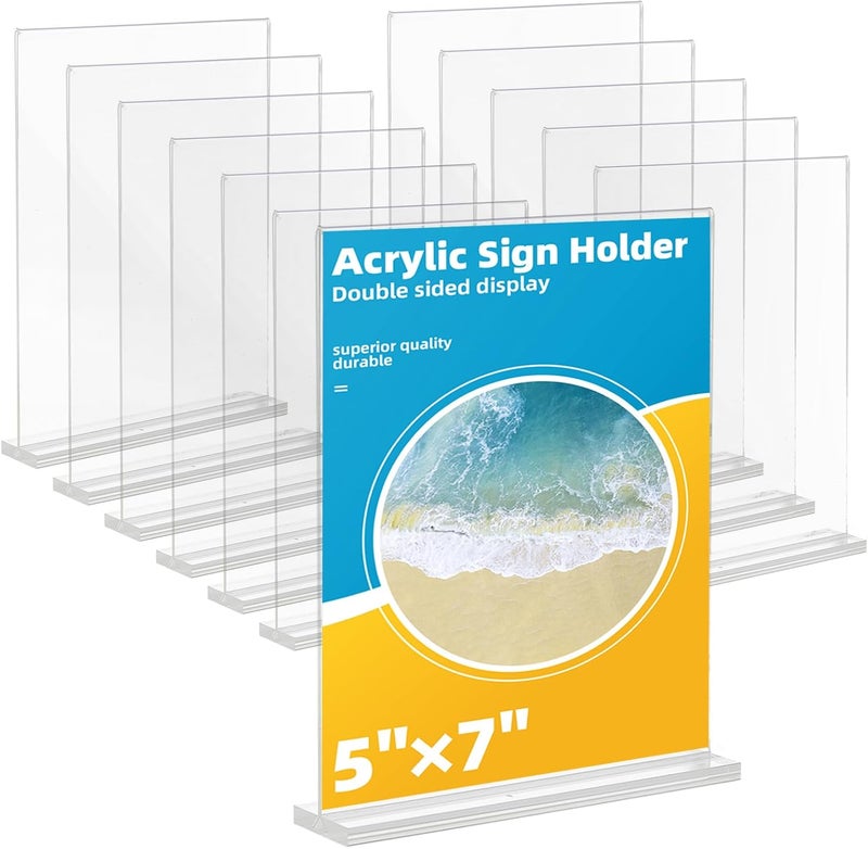 Lechay Acrylic Sign Holder, 12 Pack 5 x 7 Inches Clear Table Menu Display Stand Desktop Display Stand Paper Holder Table Top Sign Holder Suitable for Restaurants, Office, Home, Store - Image 1